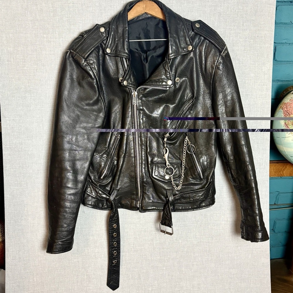 Vtg 90's Black Leather Moto Jacket  Heavy Weathered + Harley Trucker Wallet Sz L - Picture 2 of 16